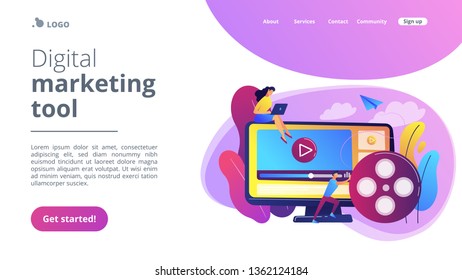 Marketing strategist with laptop working with video content. Video content marketing, video marketing strategy, digital marketing tool concept. Website vibrant violet landing web page template.