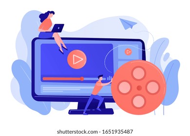 Marketing strategist with laptop working with video content. Video content marketing, video marketing strategy, digital marketing tool concept. Pinkish coral bluevector isolated illustration