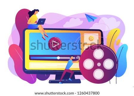 Marketing strategist with laptop working with video content. Video content marketing, video marketing strategy, digital marketing tool concept. Bright vibrant violet vector isolated illustration