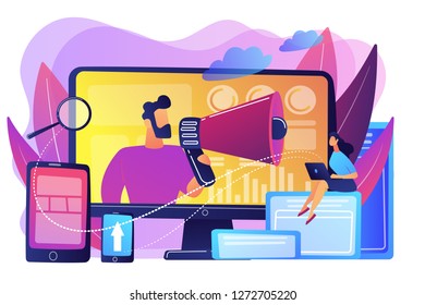 Marketing strategists and content specialist with megaphone and digital devices. Digital marketing team, marketing team strategy concept. Bright vibrant violet vector isolated illustration