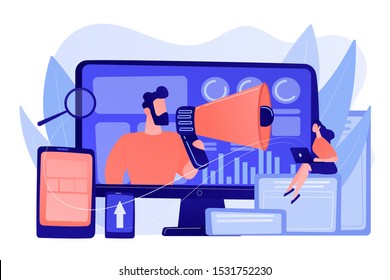 Marketing strategists and content specialist with megaphone and digital devices. Digital marketing team, marketing team strategy concept. Pinkish coral bluevector isolated illustration