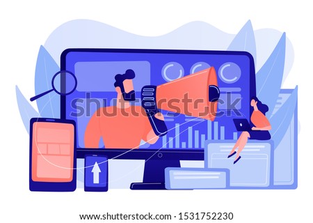 Marketing strategists and content specialist with megaphone and digital devices. Digital marketing team, marketing team strategy concept. Pinkish coral bluevector isolated illustration