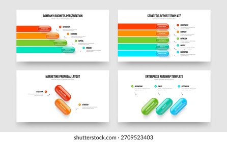 Marketing-Strategie 4 5 2 3 Element Diagramm Präsentation Design-Set. Produktentwicklung Vier Fünf Zwei Drei-Schritt-Infografik-Diashow-Vorlage Vektor Illustration Paket.