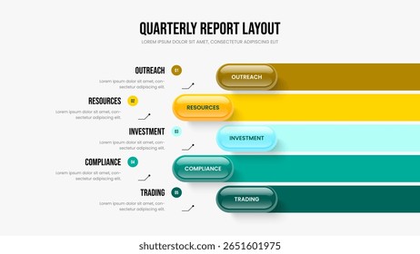 Marketing Strategy 5 Step Infographic Presentation Layout. Project Analysis Five Element Diagram Slide Template. Product Development Frame Design Vector Illustration.
