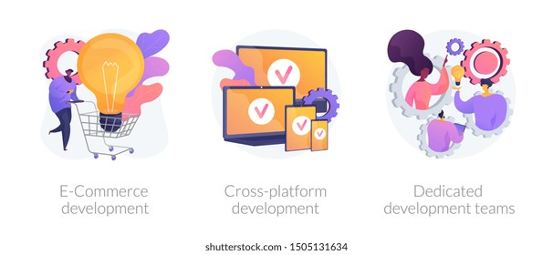 Marketing strategy, adaptive software, professional teamwork. E-Commerce development, cross-platform development, dedicated development teams metaphors. Vector isolated concept metaphor illustrations