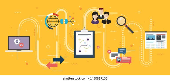 Marketing strategy, advertising and business. Team work, communication and business icons. Marketing strategy and advertising internet banner concept with icons in flat design vector illustration.