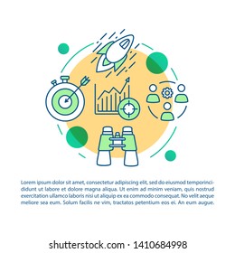 Marketing strategy article page vector template. Brochure, magazine, booklet design element with linear icons and text boxes. Business development print design. Concept illustrations with text space 