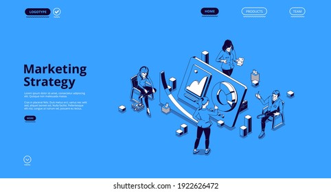 Marketing strategy banner. Concept of analysis and plan promotion and advertising company. Vector landing page with isometric working people, data diagram, graph and charts