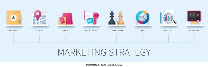 Marketing Strategy Banner With Icons. Product, Place, Price, Promotion, Competitors, Kpi, Analysis, Planning Icons. Business Concept. Web Vector Infographic In 3D Style