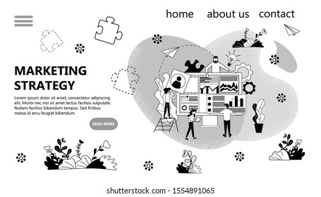 Marketing Strategy Banner Monochrome black and white Vector illustration of tiny people near computer set up business analytics for online business, marketing strategy development