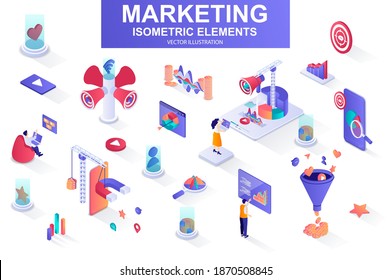 Marketing strategy bundle of isometric elements. Marketing funnel, lead generation, research and strategy planning, megaphone isolated icons. Isometric vector illustration kit with people characters.