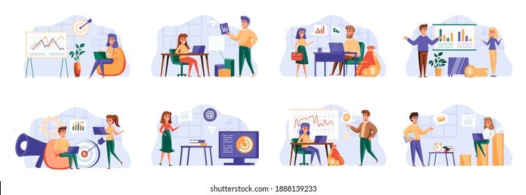 Marketing Strategy Bundle With People Characters. Marketing Department Teamwork, Research And Presentation In Office Situations. Social Media And Digital Content Marketing Flat Vector Illustration.