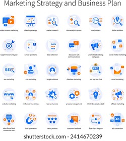 Marketing Strategy and Business Plan Icon Set Orange Blue color