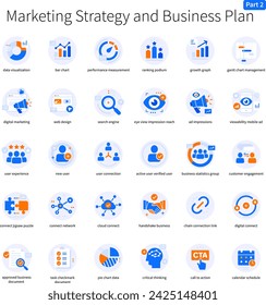 Marketing Strategy and Business Plan Icon Set Orange Blue color