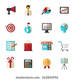 Marketing strategy business support and creative flat icons set isolated vector illustration