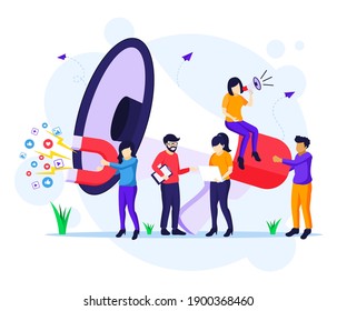 Marketing strategy campaign concept, people holding and shout on giant megaphone for promotion and sales program flat vector illustration