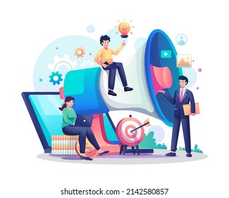 Marketing strategy campaign concept with people working near a big megaphone. Business advertising marketing and promotion. Flat style vector illustration