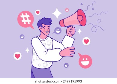 Marketing strategy campaign, people holding and shout on the megaphone for promotion and sales program. Concept of referral friends and loyalty program. Promotion method, referral marketing. vector