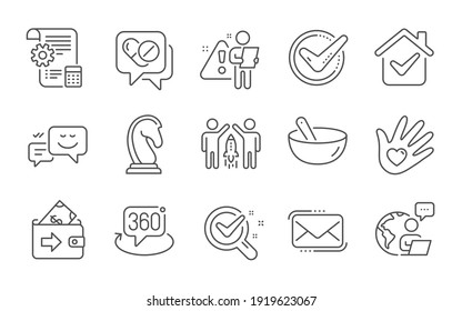 Marketing strategy, Chemistry lab and Partnership line icons set. Settings blueprint, Cooking mix and Messenger mail signs. 360 degree, Confirmed and Social responsibility symbols. Vector