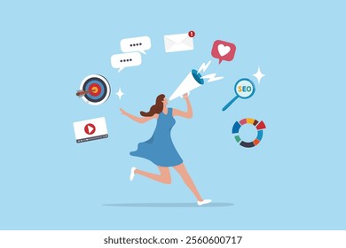 Marketing strategy, communication for online website, social media or market research, advertising, seo optimization or marketing campaign concept, woman speak on megaphone with marketing elements.