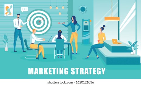 Marketing Strategy and Company Goals Achievement. Business Team, People Cartoon Characters Develop Successful Company Introducing and Development on Market Plan. Flat Cartoon Vector Illustration.