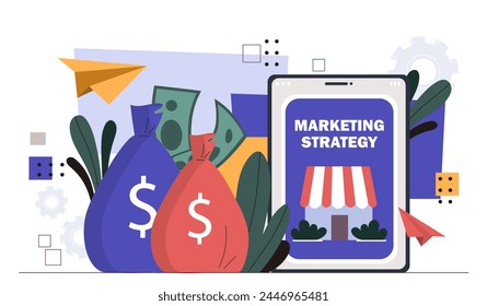 Marketing strategy concept. Bags with banknotes near smartphone with online shop. Advetising on internet, electronic commerce. Promotion of business. Cartoon flat vector illustration