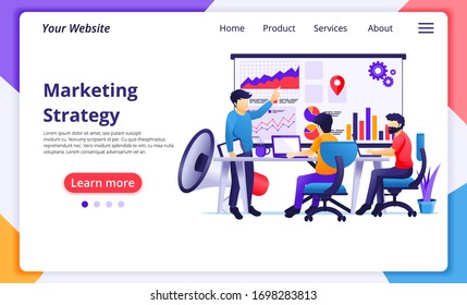 Marketing strategy concept, business people on meeting and presentation for new campaign sales promotion. Modern flat web page design for website and mobile website development. Vector illustration