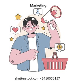 Concepto de estrategia de marketing. Un mercader carismático con un megáfono, una audiencia atractiva, amor por la marca y ventas de conducción. Ilustración vectorial plana