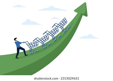 marketing strategy concept, Increase sales or profit, growth in purchasing power or consumers spend more money, businessman sales manager pushing shopping cart trolley role arrow. vector illustration.