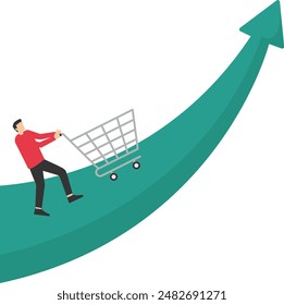 marketing strategy concept, Increase sales or profit, growth in purchasing power or consumers spend more money, businessman sales manager pushing shopping cart trolley role arrow. vector illustration.