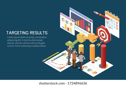 Konzept der Marketingstrategie isometrischer Hintergrund mit menschlichen Zeichen und Bilder von Zielgraphen mit bearbeitbaren Text Vektor Illustration