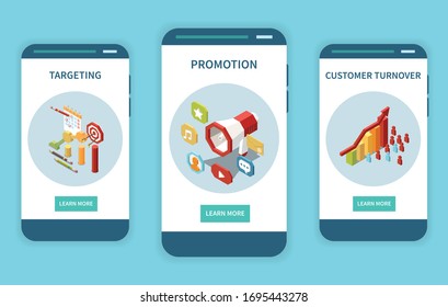 Marketing strategy concept isometric set of three vertical banners with pictogram images and learn more buttons vector illustration