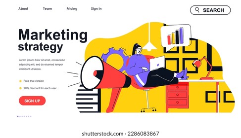 Marketing strategy concept for landing page template. Woman marketer planning and makes ads campaign. Business promotion people scene. Vector illustration with flat character design for web banner