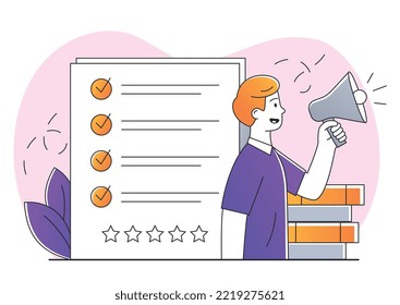 Marketing strategy concept. Man with loudspeaker encourages users to leave review on product or service and share opinion. Rating and ranking. Poster or banner. Cartoon flat vector illustration