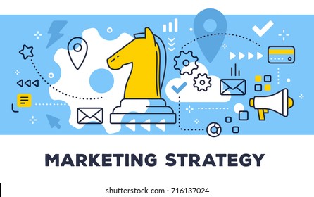 Marketing strategy concept on blue background with title. Vector illustration of knight chess piece, megaphone and icons. Thin line art flat style design for web, site, banner, business presentation