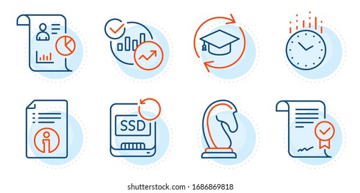 Marketing strategy, Continuing education and Statistics signs. Time, Technical info and Report line icons set. Recovery ssd, Approved agreement symbols. Clock, Documentation. Education set. Vector