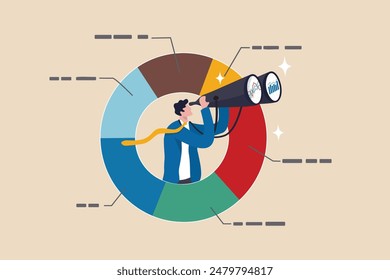 Estrategia de marketing, gráfico y gráfico de análisis de datos, diagrama de pronóstico financiero o mercado de valores, datos de investigación o concepto de planificación de inversión, hombre de negocios en gráfico circular buscando prismáticos completos.