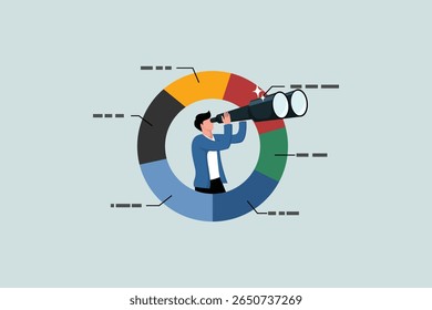 Marketing strategy, data analysis chart and graph, financial forecast or stock market diagram, research data or investment planning concept, businessman on pie chart looking through binoculars.