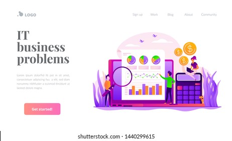 Estrategia de marketing y análisis de datos. Marcadores analizando infografías. Identificar las necesidades del negocio, determinar las soluciones, el concepto de problemas del negocio de TI. Plantilla de página web de inicio de encabezado de página de inicio del sitio web.