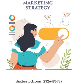 Marketing strategy development. Marketing campaign, commercial project launching and promotion. Specialist working on marketing strategies for business development. Flat vector illustration