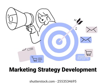 Marketing strategy development concept depicted with a person holding a megaphone aiming at a target surrounded by emails shopping carts and documents doodle style