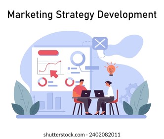 Marketing Strategy Development concept. Team analyzing metrics to construct robust marketing plans, fueling business growth and innovation. Effective campaign planning. Flat vector illustration