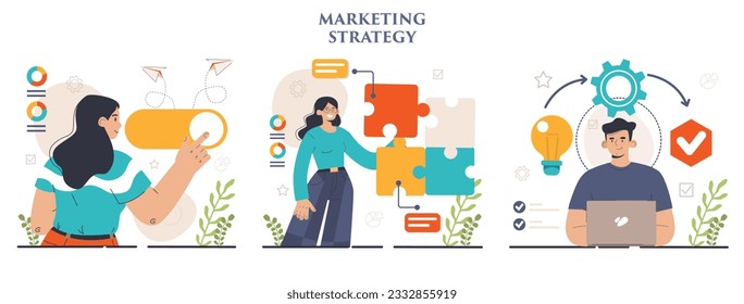 Marketing strategy development set. Marketing campaign, commercial project launching and promotion. Specialist working on marketing strategies for business development. Flat vector illustration