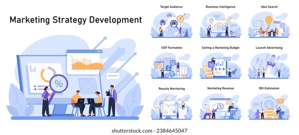 Marketing Strategy Development set. Crafting unique selling propositions and pinpointing target audiences. Budget allocation, monitoring results, and estimating ROI. Dynamic business strategy planning