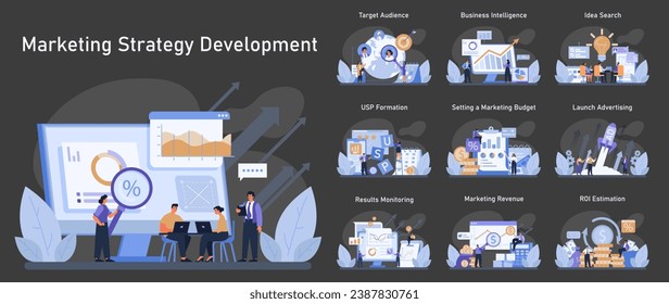 Conjunto de desarrollo de estrategia de marketing. Redactar propuestas de venta únicas y determinar el público destinatario. Asignación de presupuesto, seguimiento de resultados y estimación del retorno de la inversión. Planificación dinámica de la estrategia de negocios