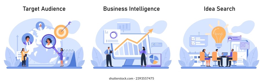 Conjunto de desarrollo de estrategia de marketing. Señalar a la audiencia objetivo, analizar la inteligencia de negocios y realizar tormentas de ideas. Proceso dinámico de participación en el mercado y planificación estratégica. Vector plano