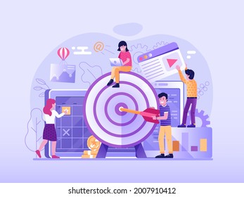 Marketing strategy development web illustration with team developing company goals and target positioning. Business strategic planning concept with employee and manager achieving goal.