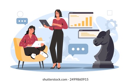 Marketing strategy discussion. Women near chess pieces and graphs. Strategy and planning, business vision of future. Brainstorming and discussion. Flat vector illustration isolated on white background