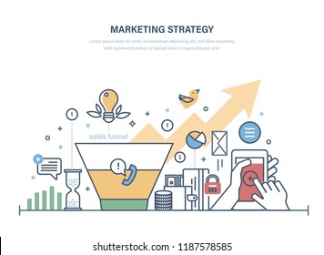 Marketing strategy, economic research of sales funnel, advertising campaign, business relationship, planning of successful business, management investment growth, e-commerce. Illustration thin line