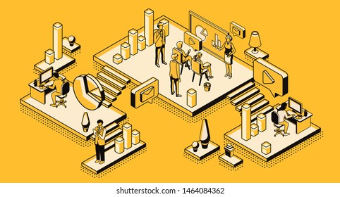 Marketing strategy, financial analytic company, agency working process in office, business people planning, analyzing statistics data, doing presentation, isometric 3d vector illustration, line art